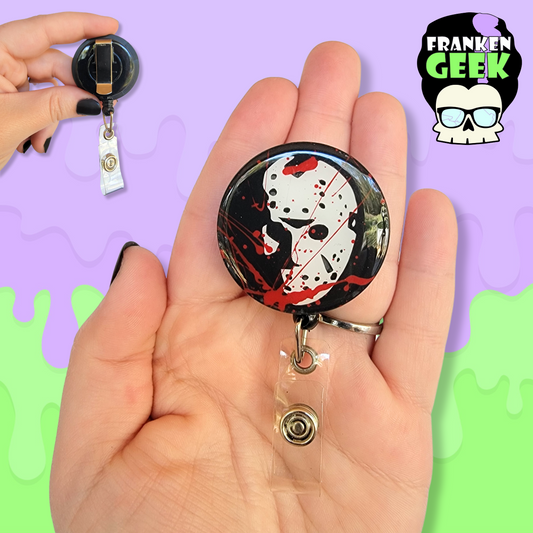 Blood Splatter Summer Camp Hockey Killer Mask Retractable Horror Badge Reel