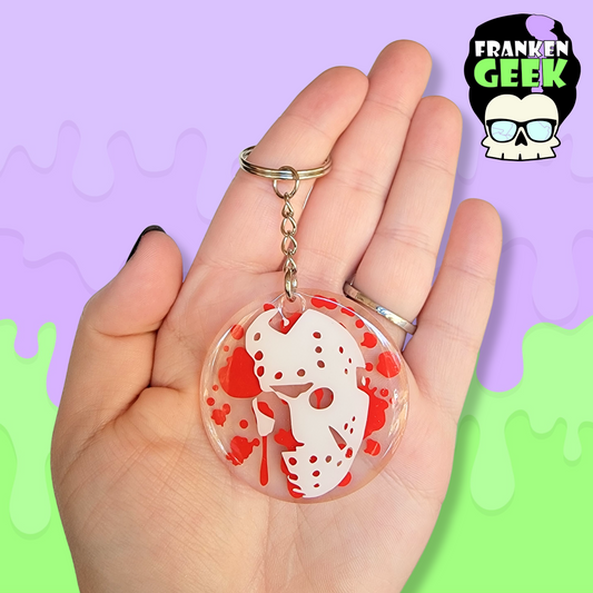 Blood Splatter Summer Camp Hockey Killer Mask Acrylic and Resin Horror Keychain Bag Charm