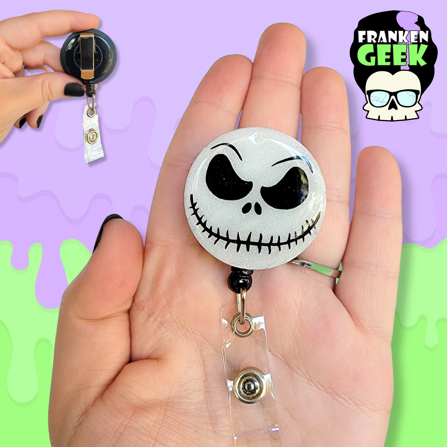 Glitter Skeleton Jack Retractable Halloween Badge Reel