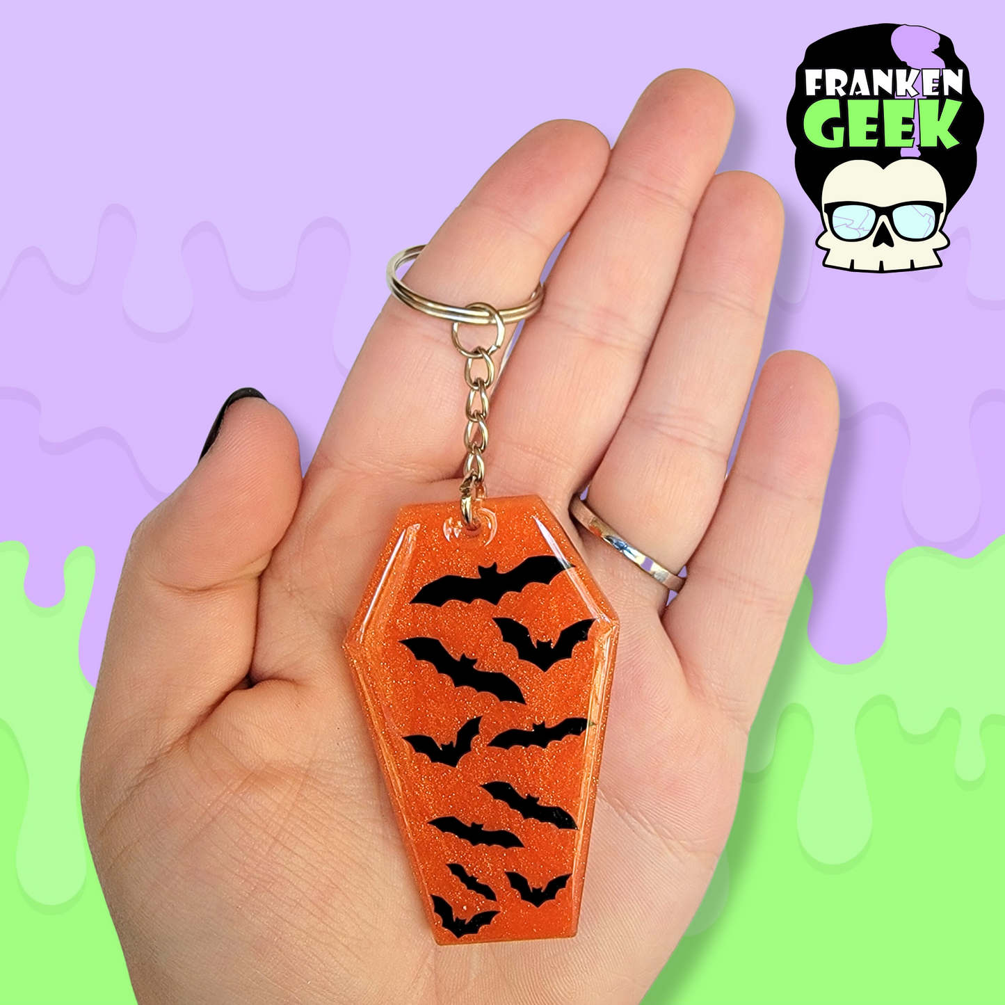 Coffin with Bats Acrylic and Resin Keychain Bag Charm