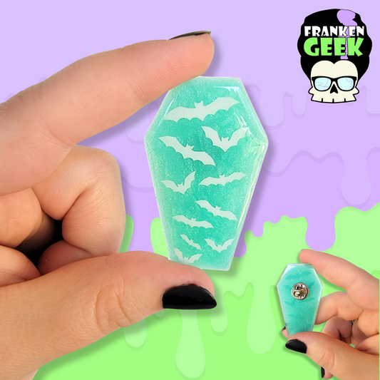 Mint Glitter with Bats Coffin-Shaped Acrylic and Resin Pin