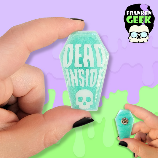Mint Glitter "Dead Inside" Skull Coffin-Shaped Acrylic and Resin Pin