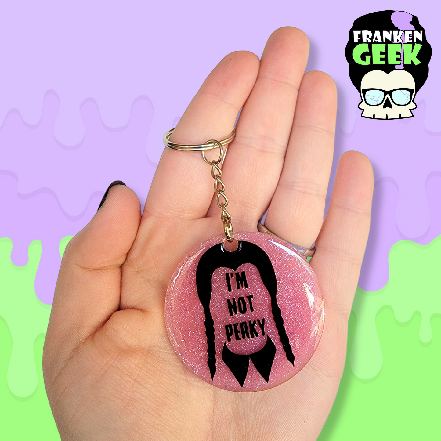 Wednesday "I'm Not Perky" Acrylic and Resin Round Keychain Bag Charm