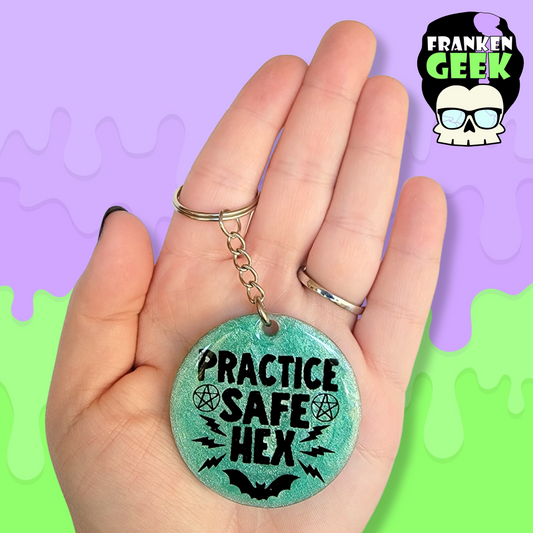 Practice Safe Hex Acrylic and Resin Round Keychain Bag Charm