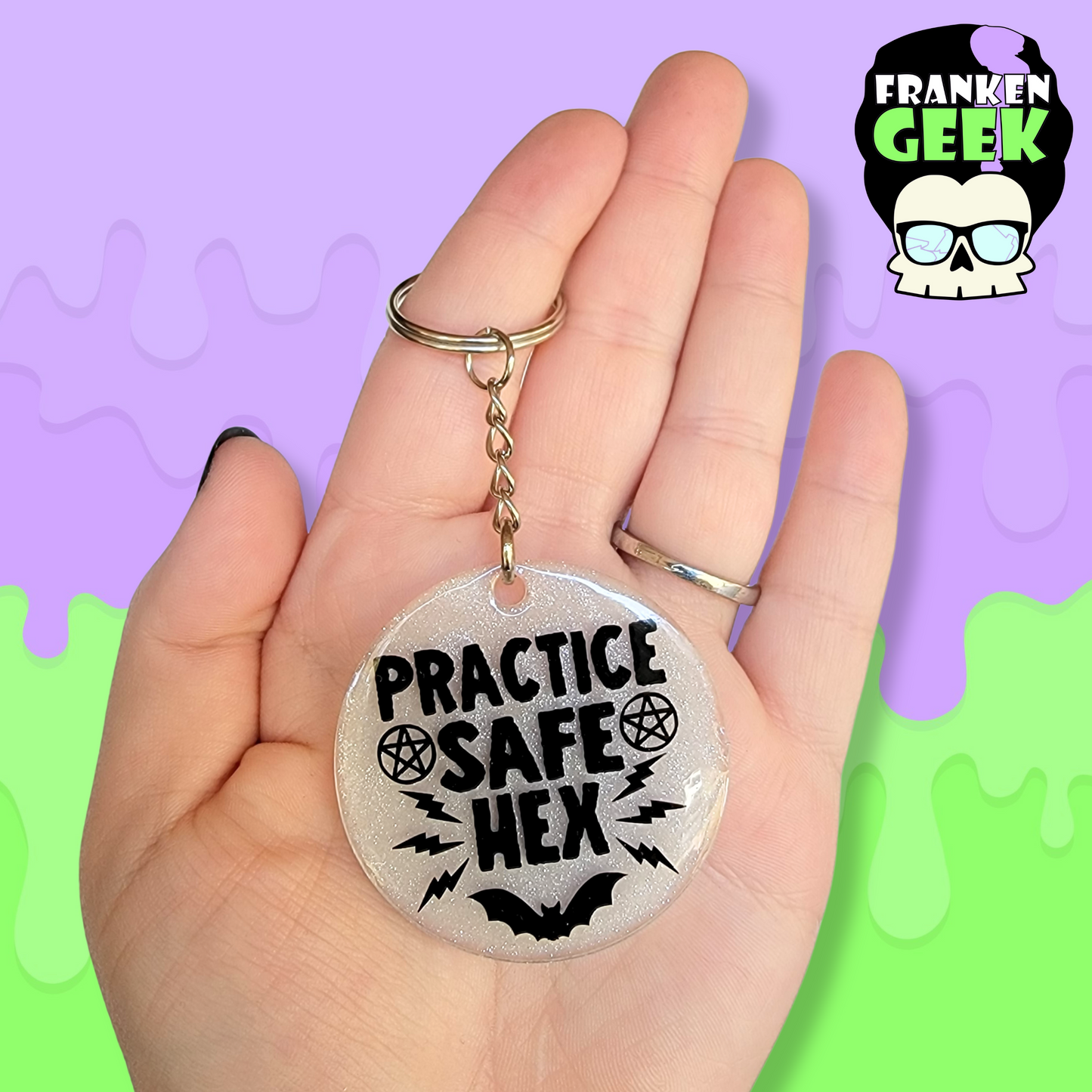 Practice Safe Hex Acrylic and Resin Round Keychain Bag Charm